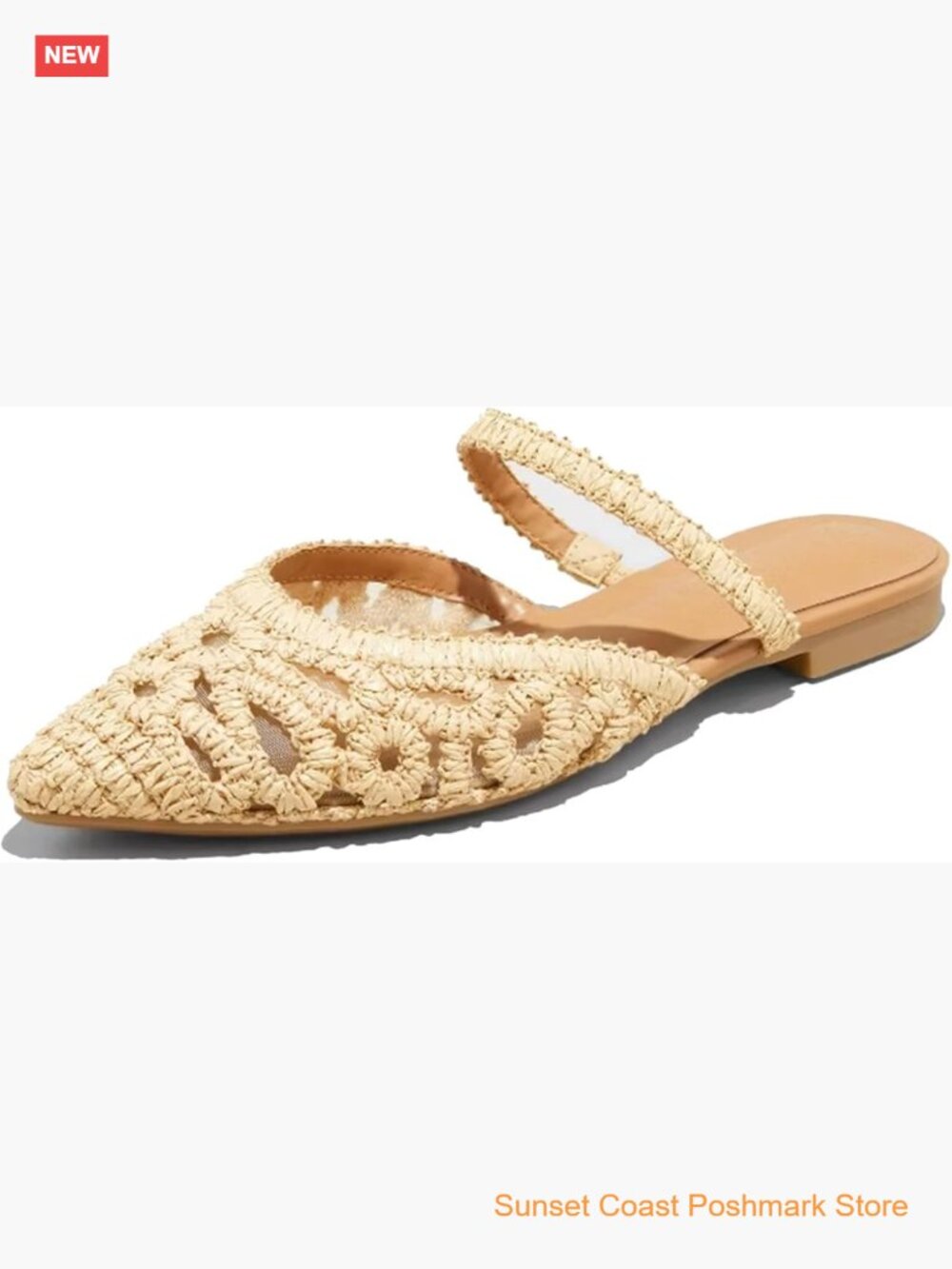 Mesh Mules Comfy Raffia Woven Strap Closed Pointed Toe Slip On Flats